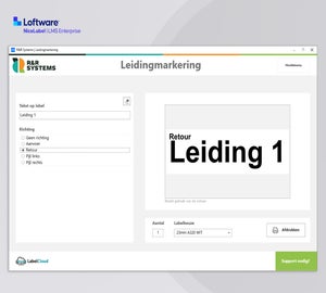 NiceLabel 10 LMS Enterprise applicatie voor leidingmarkering met tekst, richtingaanduidingen en gestandaardiseerde industriële labels